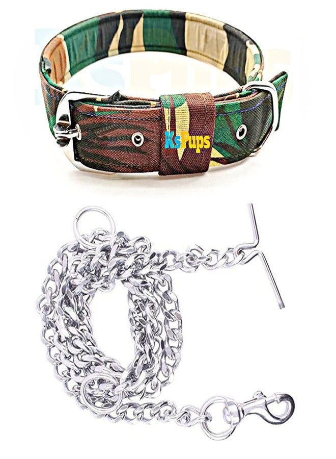 KsPups Dog Belt Combo of 1 inch Nylon Collar with Heavy Dog Chain 63 Inch Lengthy Dog Collar Chain (Army Color) Multicolor - Image 1